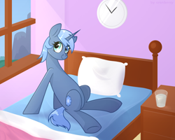 Size: 1000x800 | Tagged: safe, artist:hi_im_cranberry, oc, oc only, oc:double colon, pony, unicorn, bed, clock, commission, drawer, glass, glass of water, indoors, mountain, pillow, room, sky, solo, window, ych result