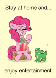 Size: 2500x3500 | Tagged: safe, artist:pink-pone, gummy, pinkie pie, alligator, earth pony, pony, g4, coronavirus, covid-19, eyes closed, food, high res, laser pointer, pack, popcorn, simple background, sitting, smiling, tongue out, yelling