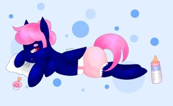 Size: 1280x788 | Tagged: safe, artist:kestier, oc, oc:threadwing, pegasus, pony, abdl, adult foal, baby bottle, commission, diaper, diaper fetish, fetish, looking at you, lying down, male, milk, non-baby in diaper, pacifier, pegasus oc, pillow, stallion, wings, ych result