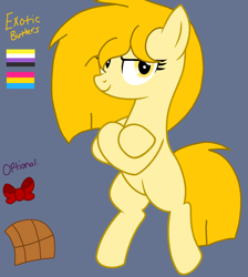 Size: 2065x2301 | Tagged: safe, artist:circuspaparazzi5678, oc, oc only, oc:exotic butters, earth pony, pony, base used, bow, clothes, high res, nonbinary, nonbinary pride flag, pansexual, pansexual pride flag, pride, pride flag, pride month, reference sheet, skirt, solo