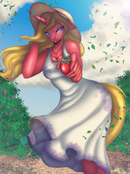Size: 3500x4667 | Tagged: safe, artist:sexy wolfie, oc, oc only, oc:scarlet rose, unicorn, anthro, blonde, blue eyes, clothes, commission, dress, female, food, garden, hat, looking at you, raspberry (food), sleeveless, sleeveless dress, solo, strawberry, summer dress, sun hat, windswept mane, ych result