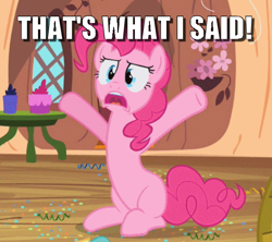 Size: 593x527 | Tagged: safe, edit, edited screencap, screencap, pinkie pie, earth pony, pony, g4, secret of my excess, caption, cropped, female, golden oaks library, image macro, impact font, mare, solo, text