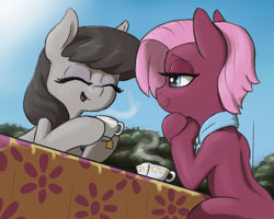 Size: 2000x1600 | Tagged: safe, artist:t72b, derpibooru exclusive, jasmine leaf, octavia melody, earth pony, pony, atg 2020, clothes, cup, cute, eyes closed, female, food, hoof hold, jastavia, lesbian, looking at each other, newbie artist training grounds, scarf, shipping, sitting, table, tavibetes, tea, teacup