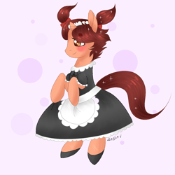 Size: 1000x1000 | Tagged: safe, artist:kestier, oc, oc:flora elymas, pony, unicorn, blushing, bow, clothes, commission, crossdressing, cute, hair bow, horn, maid, maid headdress, pigtails, shoes, twintails, unicorn oc, ych result
