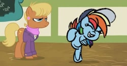 Size: 500x259 | Tagged: safe, artist:ashtoneer, edit, edited screencap, screencap, ms. harshwhinny, rainbow dash, earth pony, pegasus, pony, flight to the finish, g4, baseball cap, cap, chalkboard, clothes, coach rainbow dash, duo, female, great moments in animation, grin, hat, mare, ms. harshwhinny is not amused, scene interpretation, smiling, unamused