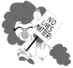 Size: 805x754 | Tagged: safe, artist:anonymous, pony, zebra, 4chan, cute, drawthread, end of the world, existentialism, eyes closed, joke, meme, misanthropy in the comments, monochrome, nihilism, no lives matter, sign, sitting, smiling, solo, zeeb