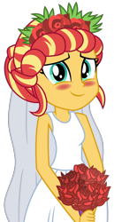 Size: 3200x6200 | Tagged: safe, artist:emeraldblast63, sunset shimmer, equestria girls, g4, absurd resolution, alternate hairstyle, blushing, bouquet, clothes, dress, female, flower, looking at you, simple background, sleeveless, solo, transparent background, wedding dress