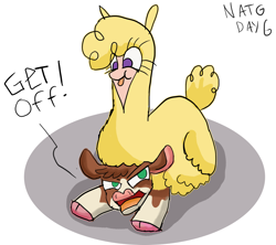 Size: 1800x1600 | Tagged: safe, artist:zeronixma, derpibooru exclusive, arizona (tfh), paprika (tfh), alpaca, cow, them's fightin' herds, :p, arizona is not amused, atg 2020, cloven hooves, community related, crushing, female, newbie artist training grounds, simple background, tongue out, white background