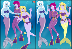 Size: 3851x2618 | Tagged: safe, artist:physicrodrigo, part of a set, fuchsia blush, lavender lace, trixie, angler fish, fish, mermaid, series:equestria mermaids, equestria girls, g4, 2 panel comic, air tank, belly button, bikini, bra, breasts, bubble, busty fuchsia blush, busty lavender lace, busty trixie, cleavage, clothes, flippers (gear), gills, high res, holding out hand, mermaid tail, mermaidized, open mouth, part of a series, rebreather, ripping clothes, scuba gear, seashell bra, smiling, species swap, story in the comments, story in the source, swimsuit, transformation, trixie and the illusions, underwater, wetsuit, wide eyes, willing