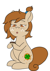 Size: 2893x4092 | Tagged: artist needed, safe, oc, oc only, oc:sour tart, earth pony, pony, clover, cup, earth pony oc, food, four leaf clover, hoof hold, simple background, solo, tea, teacup, white background
