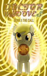 Size: 2200x3500 | Tagged: safe, artist:sixes&sevens, derpy hooves, pegasus, pony, fanfic:doctor whooves: book 1: the call, g4, abstract background, fanfic, fanfic art, fanfic cover, female, fire, high res, mare, mouth hold, seal of rassilon, style emulation