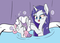 Size: 842x595 | Tagged: safe, artist:shelltoon, rarity, sweetie belle, pony, unicorn, g4, bath, bathing, bathing together, belle sisters, bonding, bubble, cute, diasweetes, duo, eyes closed, female, filly, innocence, innocent, mare, open mouth, raribetes, shampoo, sibling love, siblings, sisterly love, sisters, suds, washing, washing hair, water, wet, wet mane, wet mane rarity