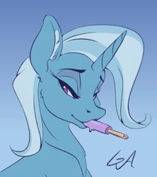 Size: 3641x4096 | Tagged: safe, artist:galinn-arts, trixie, pony, unicorn, g4, bedroom eyes, bust, ear fluff, female, food, looking at you, mare, popsicle, portrait, solo