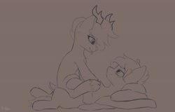 Size: 4096x2622 | Tagged: safe, artist:avery-valentine, deer, deer pony, original species, pony, monochrome, on back, pillow, sitting on person, sitting on pony, tongue out