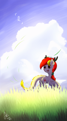 Size: 500x900 | Tagged: safe, artist:jerryenderby, oc, oc only, oc:kina hua, dragon, eastern dragon, hybrid, longma, pony, antlers, china, chinese, cloud, dragon tail, fangs, grass, grass field, hair bun, hairband, looking back, nation ponies, ponified, raised hoof, raised leg, raised tail, scenery, sky, smiling, solo, tail