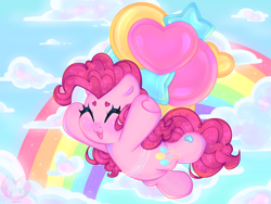 Size: 4000x3000 | Tagged: safe, artist:bunxl, pinkie pie, earth pony, pony, g4, balloon, blushing, cloud, cute, diapinkes, eyes closed, female, floating, flying, heart balloon, high res, mare, open mouth, rainbow, sky, solo, sparkly eyes, sparkly mane, sparkly tail, tail, then watch her balloons lift her up to the sky, wingding eyes