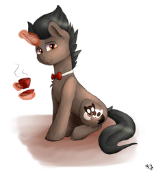 Size: 1092x1200 | Tagged: safe, artist:monsoonvisionz, oc, oc only, oc:saffronic shadow, pony, unicorn, bowtie, cup, glowing horn, horn, magic, male, signature, sitting, solo, stallion, teacup, telekinesis, unicorn oc