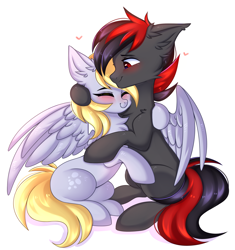 Size: 2816x3000 | Tagged: safe, artist:pesty_skillengton, derpy hooves, oc, pegasus, pony, unicorn, g4, blushing, cute, female, high res, hug, male, mare, red and black mane, red and black oc, red eyes, stallion, wings