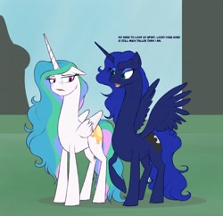 Size: 1280x1241 | Tagged: safe, artist:astr0zone, princess celestia, princess luna, alicorn, pony, g4, dialogue, duo, duo female, female, floppy ears, impossibly long neck, long neck, looking at each other, mare, necc, open mouth, princess luneck, princess necklestia, raised hoof, royal sisters, sibling rivalry, siblings, sisters, smiling, smug, stroll, upset, walking