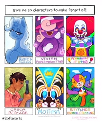 Size: 1080x1290 | Tagged: safe, artist:cyberdaydream, trixie, bear, human, insect, kaiju, moth, pony, unicorn, anthro, g4, :d, animal crossing, anthro with ponies, bedroom eyes, berserk, blush sticker, blushing, casca, clown, crossover, dark skin, female, godzilla (series), hat, it, male, mare, mothra, open mouth, paper mario, paper mario: the thousand year door, paw pads, paws, pennywise, sharp teeth, six fanarts, stitches, super mario bros., sword, teeth, transgender, underpaw, vivian (paper mario), waving, weapon, witch hat