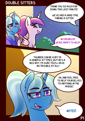 Size: 2160x3074 | Tagged: safe, artist:anon_1515, part of a set, princess cadance, trixie, alicorn, pony, unicorn, comic:double sitters, g4, alternate hairstyle, babysitter trixie, babysitting, bag, bottomless, clothes, comic, dialogue, door, eyebrows, eyes closed, female, folded wings, high res, hoodie, lidded eyes, mischevious, night, offscreen character, outdoors, part of a series, partial nudity, pigtails, saddle bag, smiling, speech bubble, stars, teen princess cadance, twintails, wings