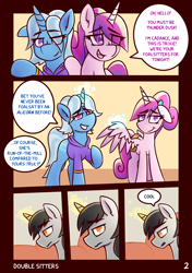 Size: 2160x3074 | Tagged: safe, artist:anon_1515, part of a set, princess cadance, trixie, oc, oc:thunder dusk, alicorn, pony, unicorn, comic:double sitters, g4, alternate hairstyle, babysitter trixie, babysitting, bag, bored, bottomless, clothes, comic, dialogue, eyebrows, female, folded wings, high res, hoodie, lidded eyes, magic, male, part of a series, partial nudity, pigtails, saddle bag, smiling, speech bubble, spread wings, teen princess cadance, telekinesis, twintails, uninterested, wings