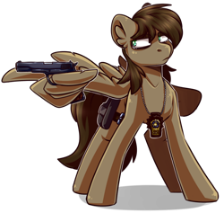 Size: 918x871 | Tagged: safe, artist:lrusu, oc, oc only, oc:paper trail, pegasus, pony, badge, gun, handgun, holster, looking left, m1911, male, pistol, shading, simple background, stallion, transparent background, weapon, wing hands, wings
