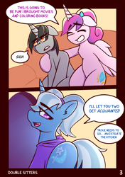 Size: 2160x3076 | Tagged: safe, artist:anon_1515, part of a set, princess cadance, trixie, oc, oc:thunder dusk, alicorn, pony, unicorn, comic:double sitters, g4, alternate hairstyle, arm around back, babysitter trixie, babysitting, bag, bored, bottomless, bow, chest fluff, clothes, comic, couch, dialogue, doorway, excited, eyebrows, eyes closed, featureless crotch, female, folded wings, hair tie, high res, hoodie, hoof on shoulder, lidded eyes, magic, male, mare, part of a series, partial nudity, pigtails, saddle bag, sigh, sitting, smiling, speech bubble, strategically covered, teen princess cadance, telekinesis, twintails, uninterested, wings