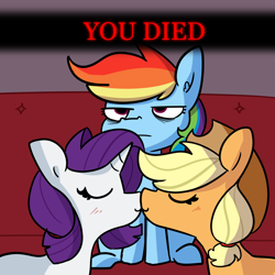 Size: 2250x2250 | Tagged: safe, artist:tjpones, applejack, rainbow dash, rarity, earth pony, pegasus, pony, unicorn, g4, applejack's hat, blushing, cowboy hat, dark souls, female, hat, high res, kissing, lesbian, mare, rainbow dash is not amused, ship:rarijack, shipping, shipping denied, unamused, you died