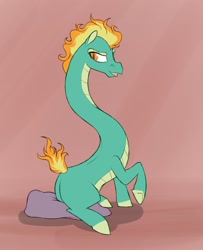Size: 1038x1280 | Tagged: safe, artist:astr0zone, tianhuo (tfh), dragon, hybrid, longma, them's fightin' herds, butt, community related, female, impossibly long neck, long neck, looking back, necc, open mouth, pillow, plot, sitting, smiling, solo, underhoof