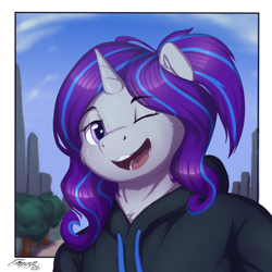 Size: 2500x2500 | Tagged: safe, artist:azzunyr, oc, oc only, oc:krya, unicorn, anthro, bust, clothes, female, high res, hoodie, one eye closed, smiling, solo