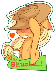 Size: 800x1030 | Tagged: safe, artist:thattagen, applejack, earth pony, pony, g4, blushing, cute, embarrassed, female, floppy ears, hat tip, heart, hidden eyes, mare, simple background, smiling, solo, transparent background