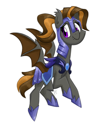 Size: 3000x3600 | Tagged: safe, artist:flutterthrash, oc, oc only, oc:mythic dawn, bat pony, pony, armor, bat pony oc, bat wings, commission, fangs, high res, night guard, night guard armor, ponytail, purple eyes, simple background, smiling, solo, standing, white background, wings
