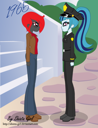 Size: 2552x3300 | Tagged: safe, artist:shinta-girl, part of a set, sonata dusk, oc, oc:milly scratch, comic:rivalry through time, equestria girls, g4, 1960s, 1965, 60s, background human, bags under eyes, belt, bush, clenched fist, clothes, coat, comic, commission, dark skin, date, digital art, duo, duo female, enemies, equestria girls-ified, eyeshadow, face to face, female, fist, full body, hat, hate, high res, imminent fight, implied fight, jacket, jeans, lidded eyes, looking at each other, makeup, narrowed eyes, outdoors, outfit, pants, past, police, police badge, police hat, police officer, police uniform, ponytail, profile, purple eyes, red and black oc, red eyes, red hair, rivalry, road, serionata dusk, serious, serious face, shadow, shirt, shoes, signature, stairs, standing, suit, tomboy