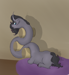 Size: 1904x2058 | Tagged: safe, artist:astr0zone, oleander (tfh), classical unicorn, pony, unicorn, them's fightin' herds, cloven hooves, community related, female, floppy ears, horn, impossibly long neck, leonine tail, long neck, looking back, mare, necc, open mouth, prone, relaxed, rolls, smiling, solo, stretchy, twisted neck, unshorn fetlocks