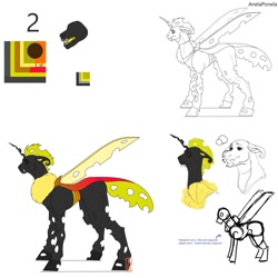 Size: 1280x1280 | Tagged: safe, artist:anelaponela, oc, changeling, changeling queen, changeling queen oc, female, redesign, reference sheet, translated in the comments, travelersverse, yellow changeling