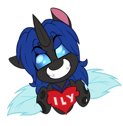 Size: 1902x1947 | Tagged: safe, artist:nekro-led, oc, oc only, oc:swift dawn, changeling, pony, blue changeling, blue eyes, changeling oc, commission, eyebrows, eyebrows visible through hair, fangs, head tilt, heart, looking at you, simple background, smiling, transparent background, ych result