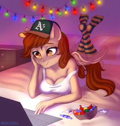 Size: 1900x2000 | Tagged: safe, artist:hakaina, oc, oc only, oc:vanilla creame, pegasus, anthro, baseball cap, bed, breasts, candy, cap, clothes, computer, dim room, female, food, hat, laptop computer, oakland athletics, relaxing, socks, solo, striped socks, tank top