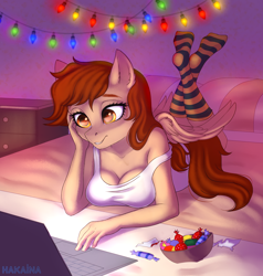 Size: 1900x2000 | Tagged: safe, alternate version, artist:hakaina, oc, oc only, oc:vanilla creame, pegasus, anthro, plantigrade anthro, bed, candy, clothes, computer, dim room, drawer, food, laptop computer, lights, relaxing, socks, striped socks