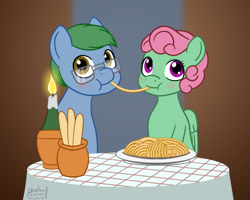 Size: 1000x800 | Tagged: safe, artist:phallen1, oc, oc only, oc:software patch, oc:windcatcher, earth pony, pegasus, pony, atg 2020, blushing, breadsticks, candle, cute, duo, female, food, glasses, lady and the tramp, male, newbie artist training grounds, parody, pasta, scene parody, spaghetti, straight, tablecloth, windpatch