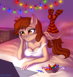 Size: 1900x2000 | Tagged: safe, artist:hakaina, oc, oc only, oc:vanilla creame, pegasus, anthro, plantigrade anthro, bed, bowl, candy, clothes, computer, dim room, drawer, food, laptop computer, lights, lying on bed, on bed, relaxing, socks, solo, striped socks