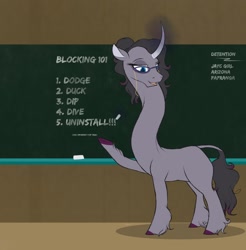Size: 1258x1280 | Tagged: safe, artist:astr0zone, oleander (tfh), classical unicorn, pony, unicorn, them's fightin' herds, chalk, chalkboard, cloven hooves, community related, curved horn, dodgeball: a true underdog story, female, glasses, glowing horn, horn, impossibly long neck, leonine tail, levitation, long neck, magic, mare, movie reference, necc, open mouth, ponytail, raised leg, smiling, solo, teacher, telekinesis, training, underhoof, unshorn fetlocks