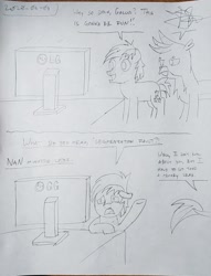 Size: 2168x1660 | Tagged: safe, artist:sketchwork_gd_inuk, gallus, sandbar, earth pony, griffon, pony, g4, 2 panel comic, comic, computer, dialogue, floppy ears, gallus is not amused, javascript, programmer humor, programming, table, traditional art, unamused