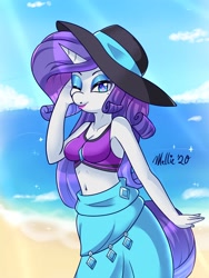 Size: 1350x1800 | Tagged: safe, alternate version, artist:melliedraws, rarity, unicorn, anthro, equestria girls, equestria girls series, g4, beach, belly button, bikini, breasts, cleavage, clothes, equestria girls outfit, female, hat, heart nostrils, looking at you, mare, one eye closed, outdoors, rarity's blue sarong, rarity's purple bikini, sarong, solo, stupid sexy rarity, swimsuit, wink