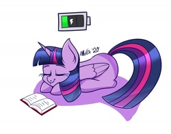 Size: 1400x1100 | Tagged: safe, artist:melliedraws, twilight sparkle, alicorn, pony, g4, battery, book, charging, eyes closed, female, heart nostrils, lying down, mare, newbie artist training grounds, open book, simple background, sleeping, smiling, solo, twilight sparkle (alicorn), white background