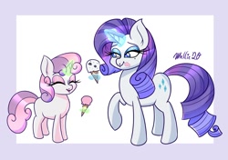 Size: 1700x1200 | Tagged: safe, artist:melliedraws, rarity, sweetie belle, pony, unicorn, g4, belle sisters, blank flank, duo, eyes closed, eyeshadow, female, filly, food, happy, heart nostrils, ice cream, ice cream cone, magic, magic aura, makeup, mare, mole, newbie artist training grounds, open mouth, sibling bonding, sibling love, siblings, sisterly love, sisters, sweetie belle's magic brings a great big smile, telekinesis, wingding eyes