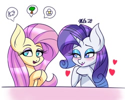 Size: 1500x1200 | Tagged: safe, artist:melliedraws, fluttershy, rarity, pegasus, pony, rabbit, unicorn, g4, animal, blushing, eyeshadow, female, flower, heart, heart eyes, heart nostrils, hooves together, lesbian, makeup, mare, mole, newbie artist training grounds, pictogram, ship:flarity, shipping, speaking in images, tree, wingding eyes