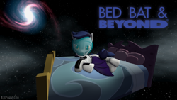 Size: 1280x720 | Tagged: safe, artist:batponyecho, oc, oc only, oc:echo, bat pony, pony, 3d, bat pony oc, bat wings, bed, bedroom eyes, female, looking at you, mare, pillow, pun, smiling, smiling at you, solo, source filmmaker, space, spacesuit, spread wings, wings