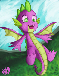 Size: 3300x4200 | Tagged: safe, artist:kenisu-of-dragons, spike, dragon, g4, molt down, cute, happy, high res, male, sky, solo, spikabetes, winged spike, wings