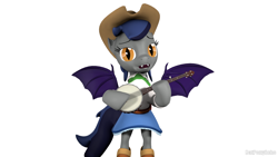 Size: 1280x720 | Tagged: safe, artist:batponyecho, oc, oc only, oc:echo, bat pony, pony, 3d, banjo, bat pony oc, bat wings, clothes, clothes swap, clothing theft, country, cutie mark, equestria girls outfit, fangs, female, implied applejack, looking at you, mare, music, musical instrument, simple background, singing, solo, source filmmaker, spread wings, tail, white background, wings